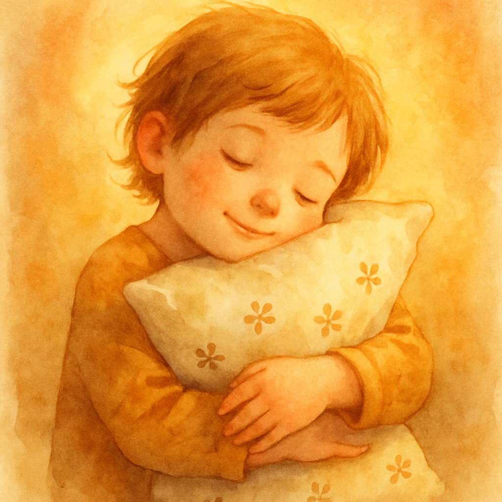 A child hugging a soft pillow close to their chest with both arms, head tilted, eyes closed in contentment. The pillow has a simple embroidered pattern of small flowers. Warm golden light around. Wate
