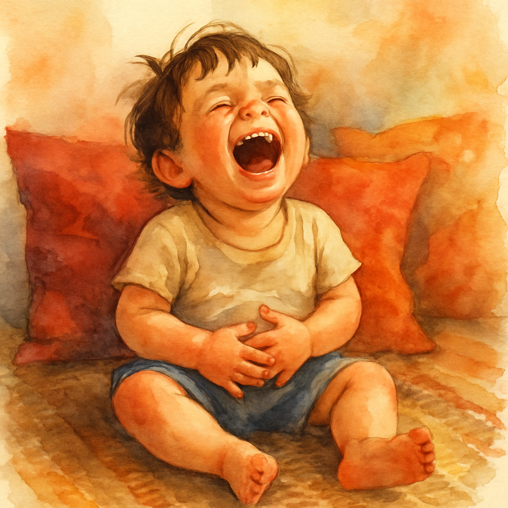 A child sitting on a woven rug, head thrown back in laughter, both small hands resting on their belly. Eyes squeezed shut in joy, mouth wide open. A few cushions around in warm reds and oranges. Water