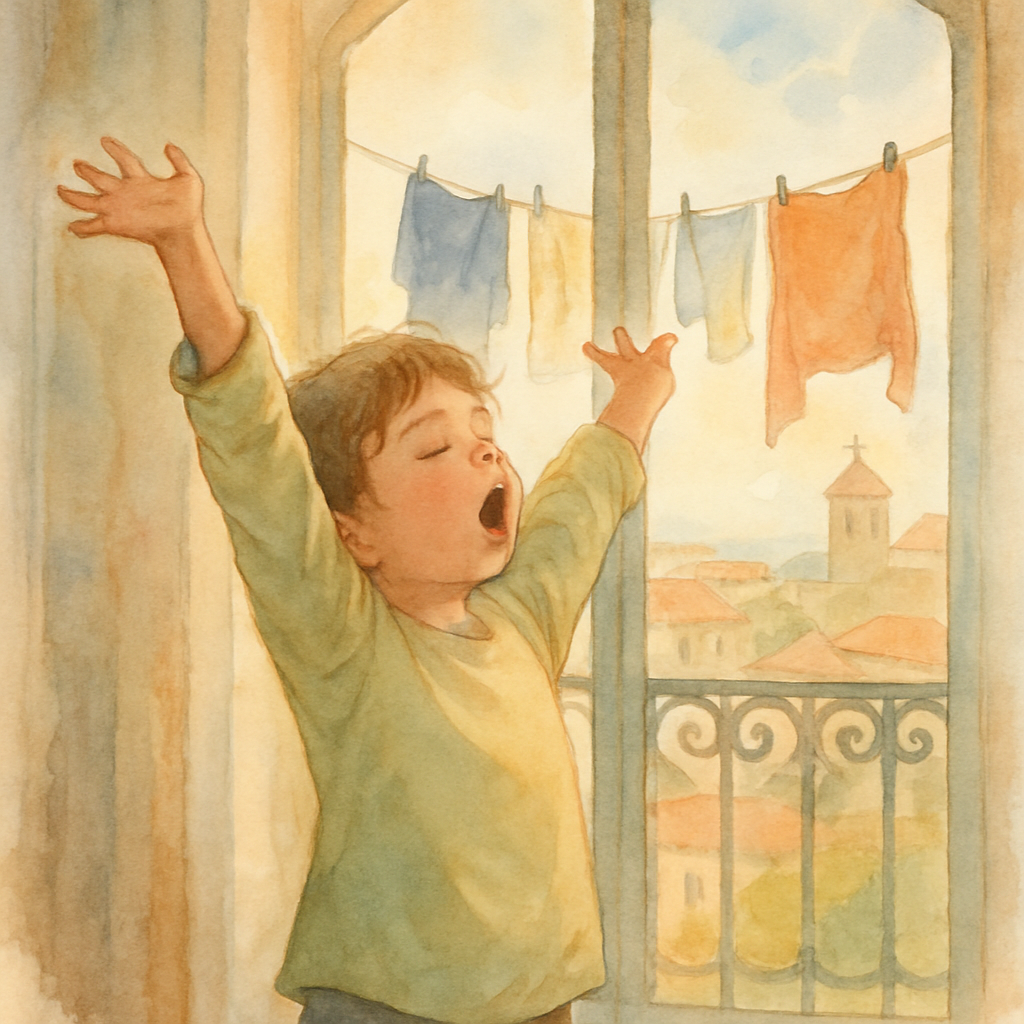 A child standing with arms raised high overhead, back arched gently, looking up. A small yawn on their face. Behind them a window with a Levantine balcony view — laundry on a line, distant rooftops. S