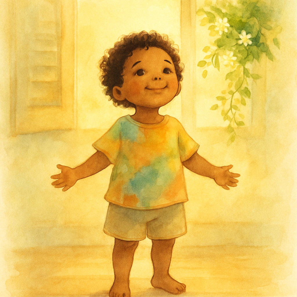 The same child from the cover, standing with both arms open wide, a soft happy smile, looking directly at the reader. Bare feet on a warm wooden floor. Behind them, a sunlit window with a jasmine vine
