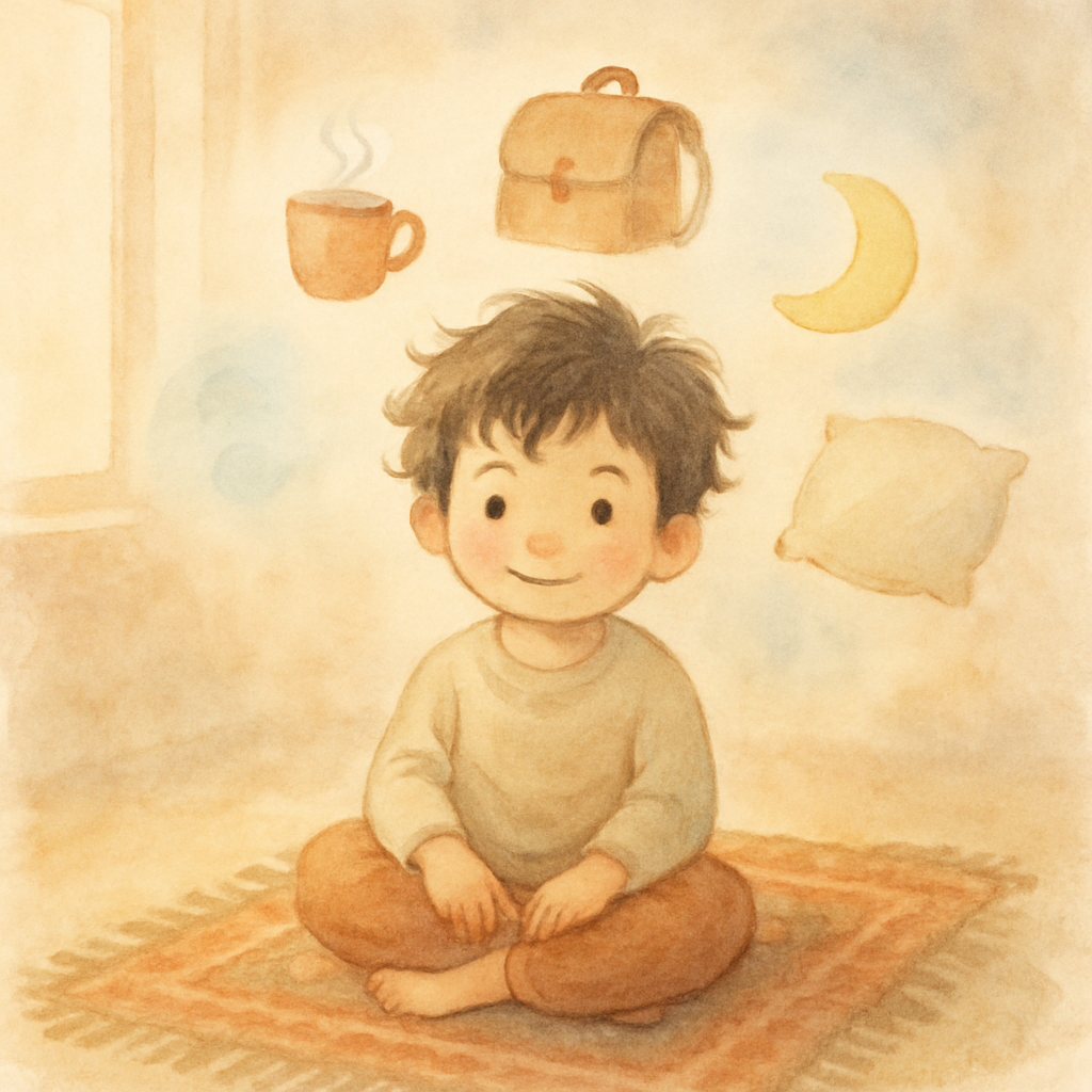 A soft watercolor illustration of a small child, about 4 years old, with tousled dark hair, sitting cross-legged on a woven Levantine rug. Around the child, in a gentle circle, float tiny scenes from 