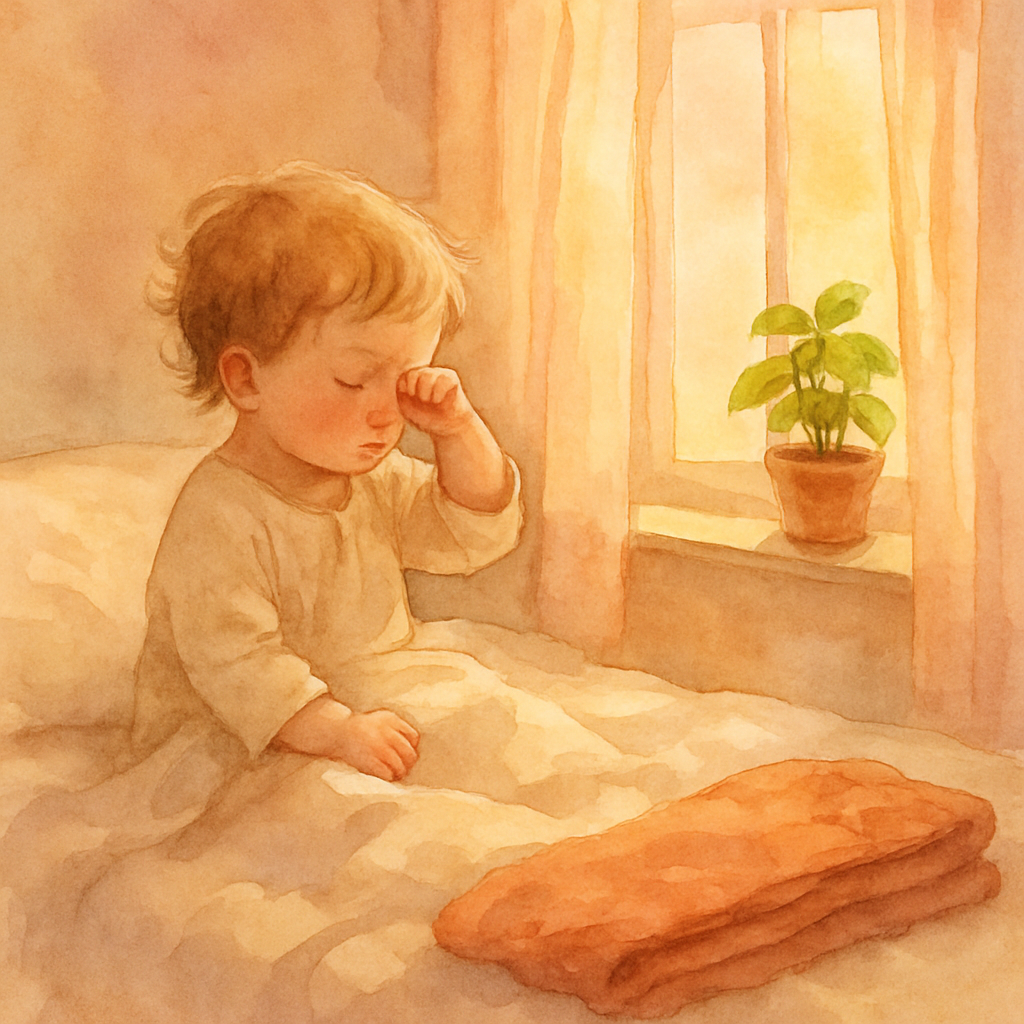 A small child sitting up in bed, rubbing one eye with a tiny fist. Soft pink and gold light spilling through a window with light cotton curtains. A folded blanket at the foot of the bed. On the window