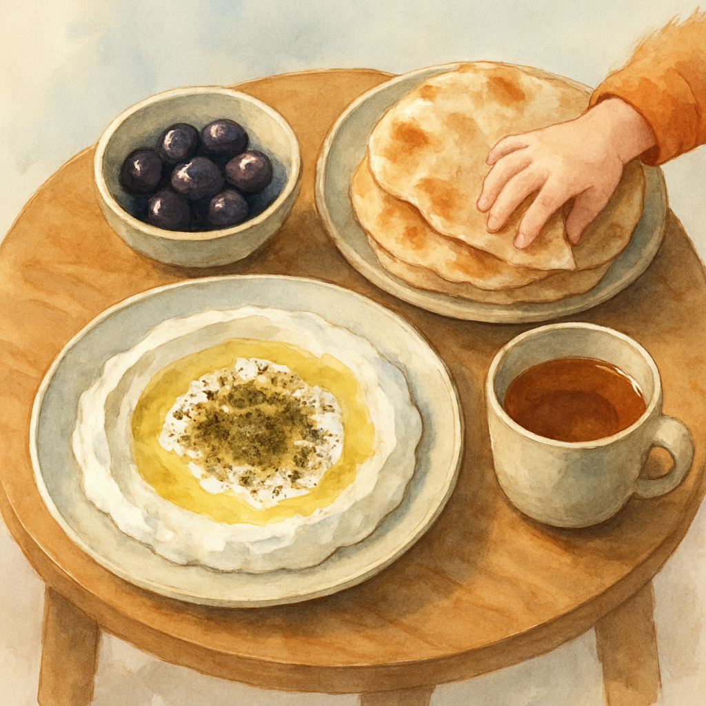A small round wooden table set for breakfast — a plate of creamy white labneh drizzled with olive oil and sprinkled with green za'atar, a small bowl of black olives, a stack of warm flatbread, a cup o