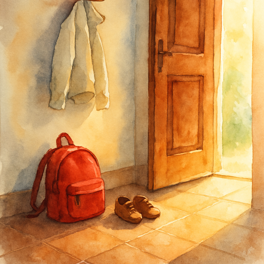 A small red school backpack resting by a wooden front door, ready to go. A little pair of shoes beside it. A light jacket hanging on a low hook above. Morning sun coming through the open doorway, cast