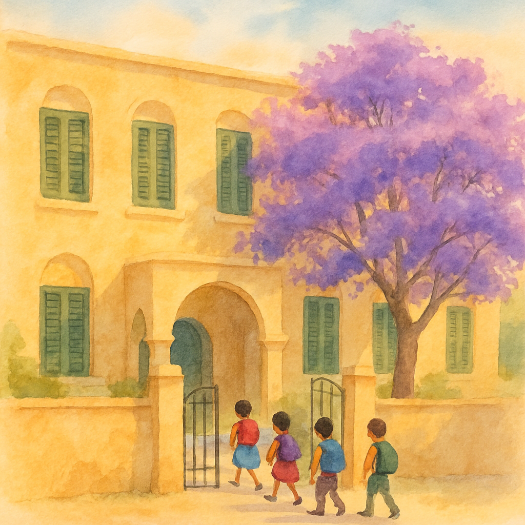 A simple Levantine school building with pale yellow walls and tall green-shuttered windows. A few children walking through the front gate, small backpacks on their shoulders. A jacaranda tree with pur
