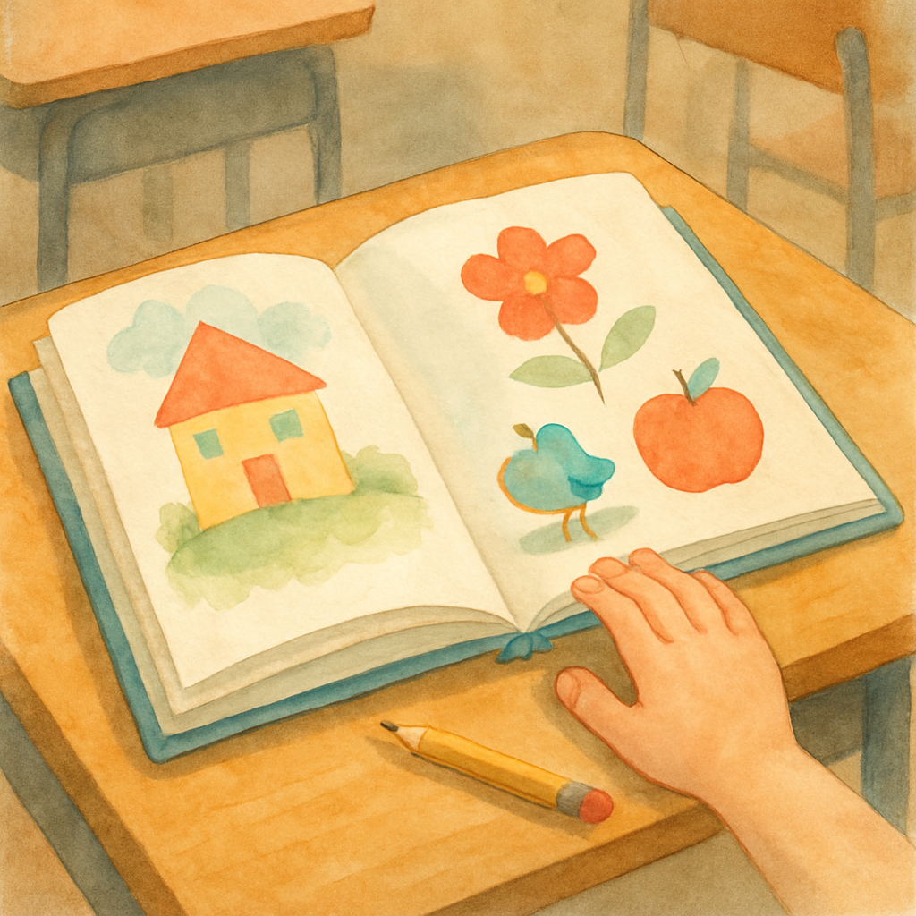 An open picture book on a small wooden classroom desk, with simple colorful illustrations suggested on its pages (no real text). A child's small hand resting at the corner of one page. A sharpened pen