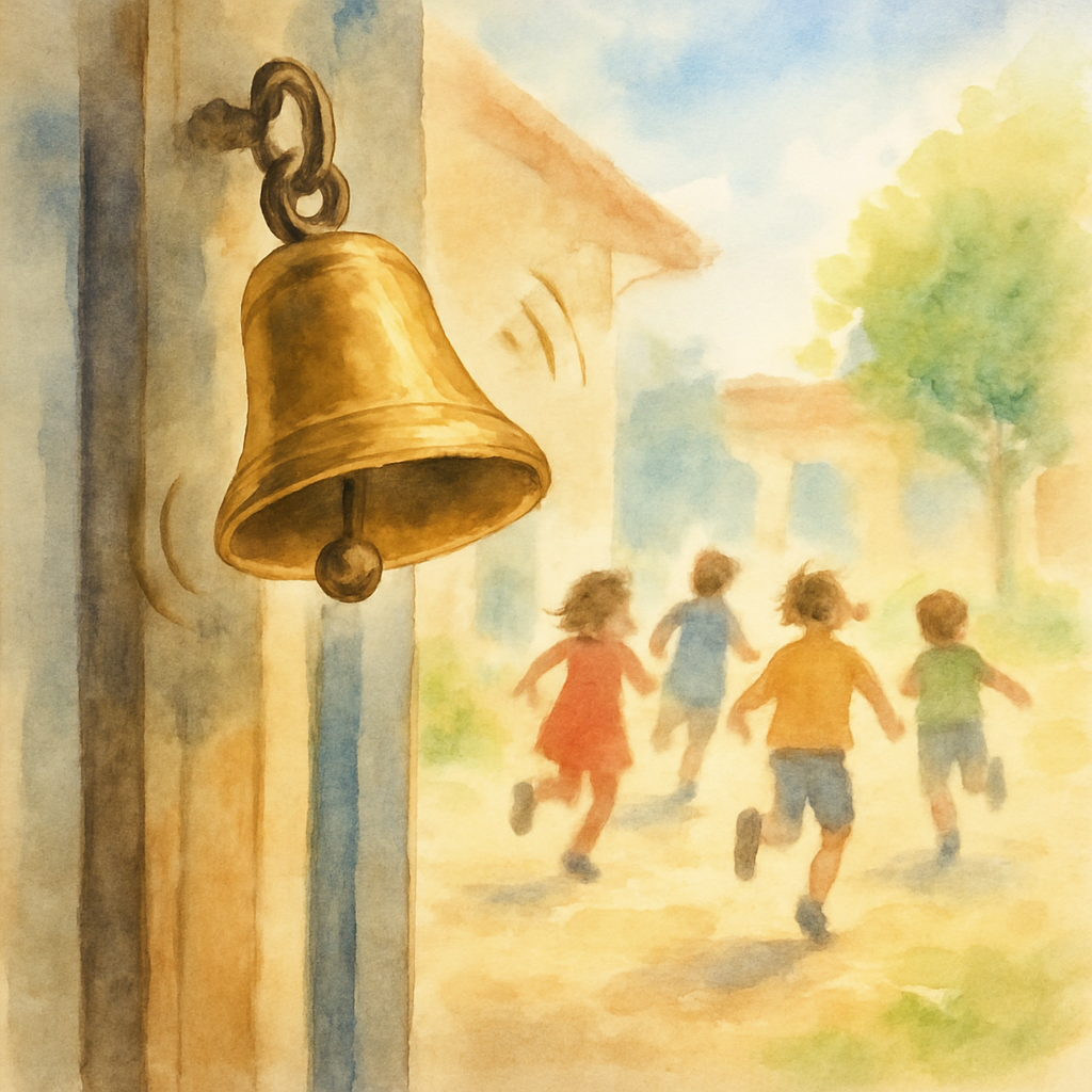 A small brass school bell hanging by a doorway, mid-ring, with tiny motion lines suggesting sound. Behind it, the blur of children running out to a sunny courtyard. Watercolor style, light and joyful.
