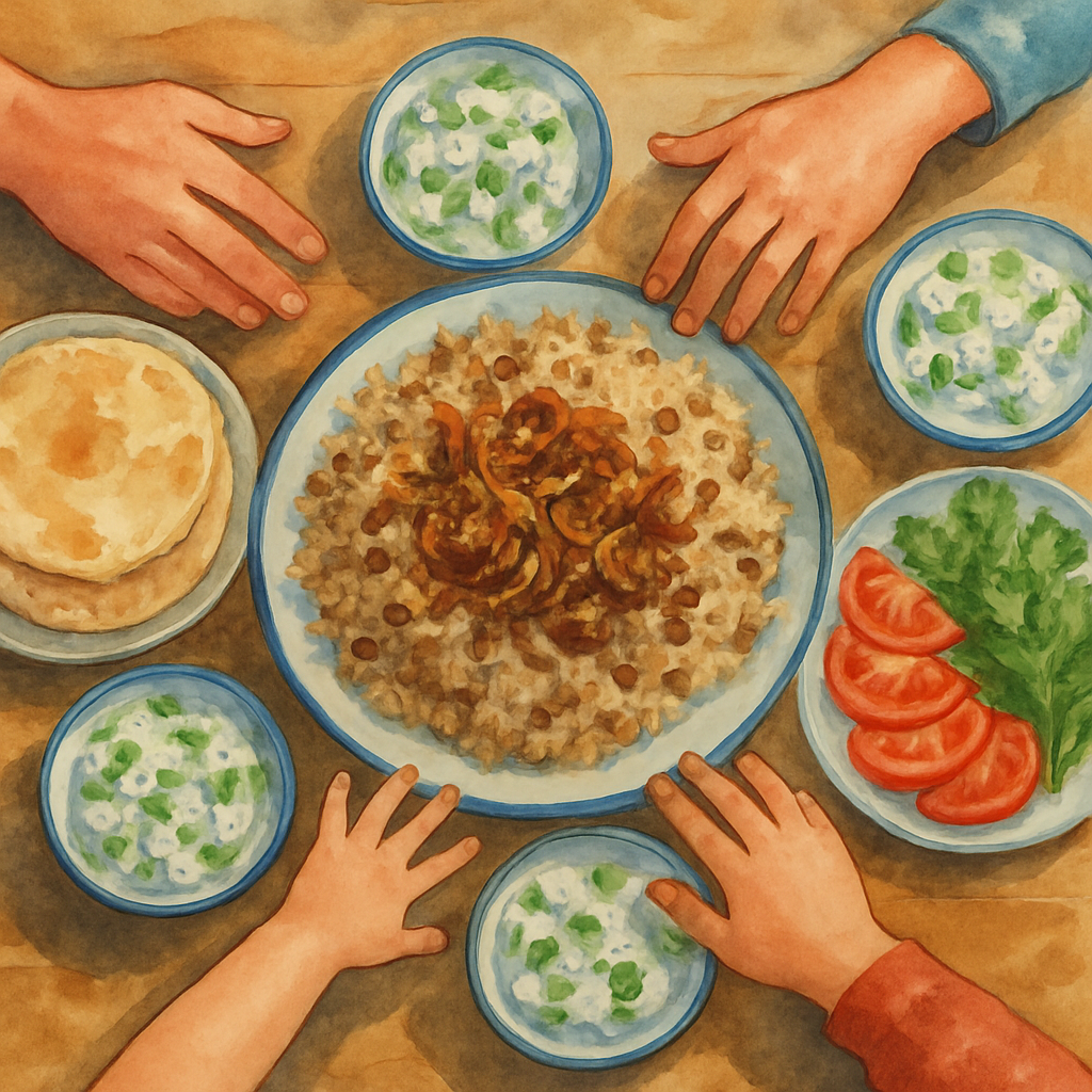 A family lunch table seen from above — a large platter of rice with browned onions and lentils (mjadara), small bowls of cucumber-yogurt salad, a plate of sliced tomatoes and parsley, a stack of flatb