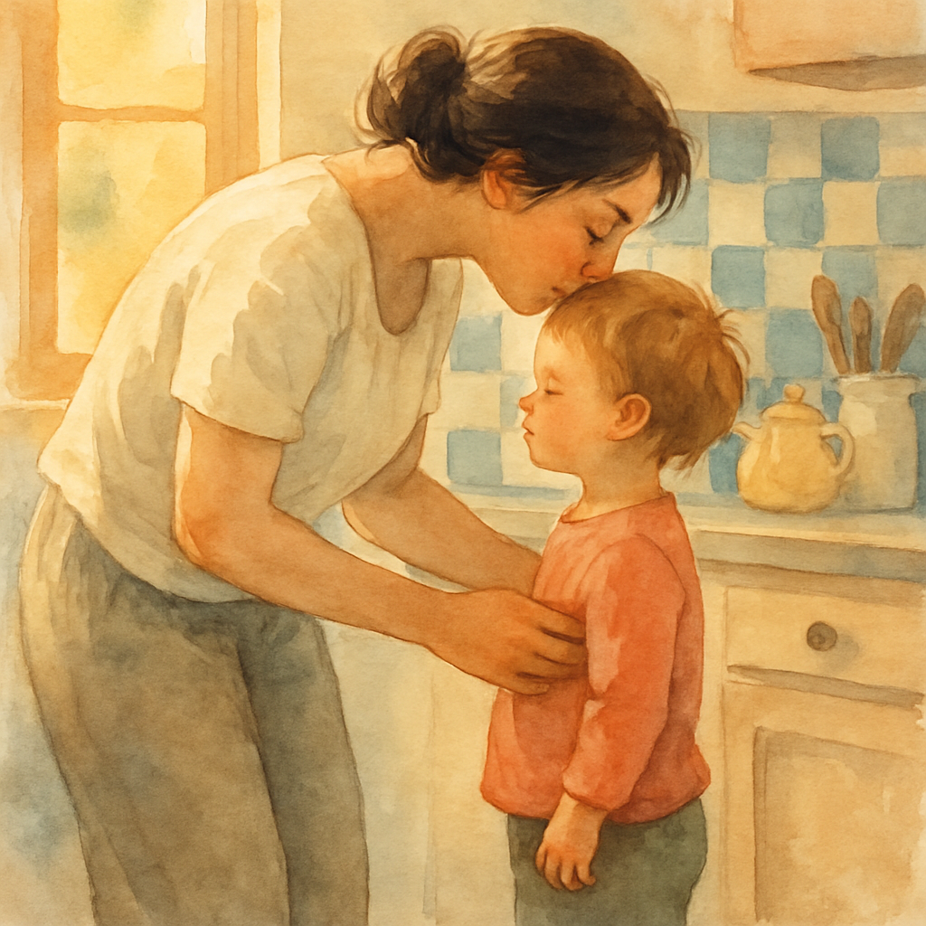 A warm, gentle mother in a simple blouse and loose pants, leaning down to kiss the top of a small child's head. Her dark hair is loosely tied back. They are in a sun-filled kitchen with blue-and-white