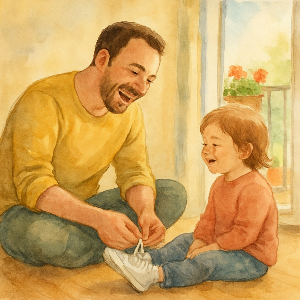 A father with a kind face and short beard, sitting on the floor and laughing as he ties a small child's shoe. Both of them are smiling. A balcony door is open behind them, showing a hint of geraniums 