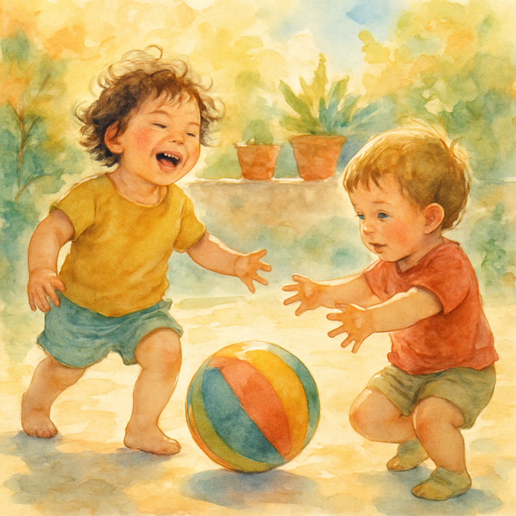 Two small cousins playing in a sunny courtyard with a colorful ball between them. One is mid-laugh, the other is reaching out. A few potted plants and a low stone wall behind them. Watercolor style, f