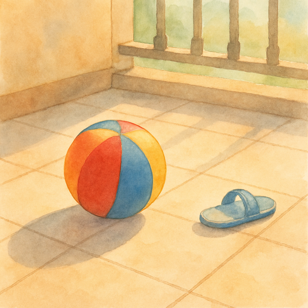 A single bright striped ball — red, blue, and yellow — resting on a tiled balcony floor. A small slipper kicked off beside it. Soft afternoon shadow stretching from the ball. Watercolor style, simple 