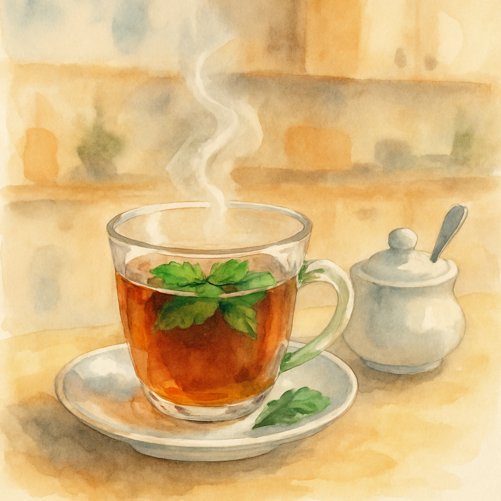 A small clear glass cup of dark tea on a saucer, steam curling gently upward. A few fresh mint leaves floating on the surface. Beside the cup, a tiny sugar bowl with a small spoon. A blurred warm kitc