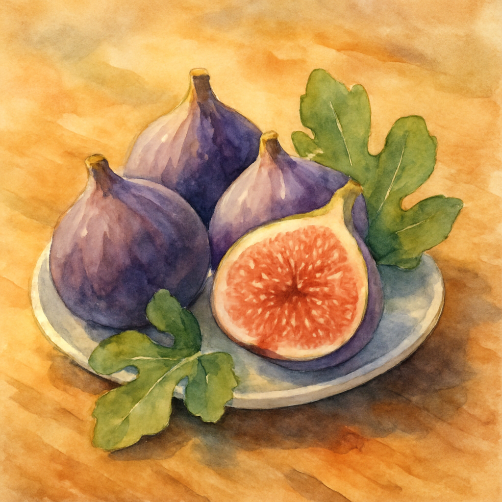 A small plate of fresh purple figs, one cut open to show the rosy pink inside dotted with tiny seeds. A few green fig leaves around the plate. A warm wooden table. Afternoon light. Watercolor style, r