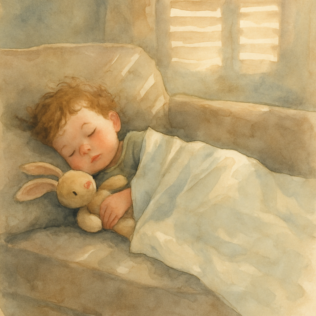 A small child curled up asleep on a couch, a light cotton blanket pulled up to the shoulder. A stuffed bunny tucked under one arm. Soft afternoon light filtering through closed shutters in striped pat
