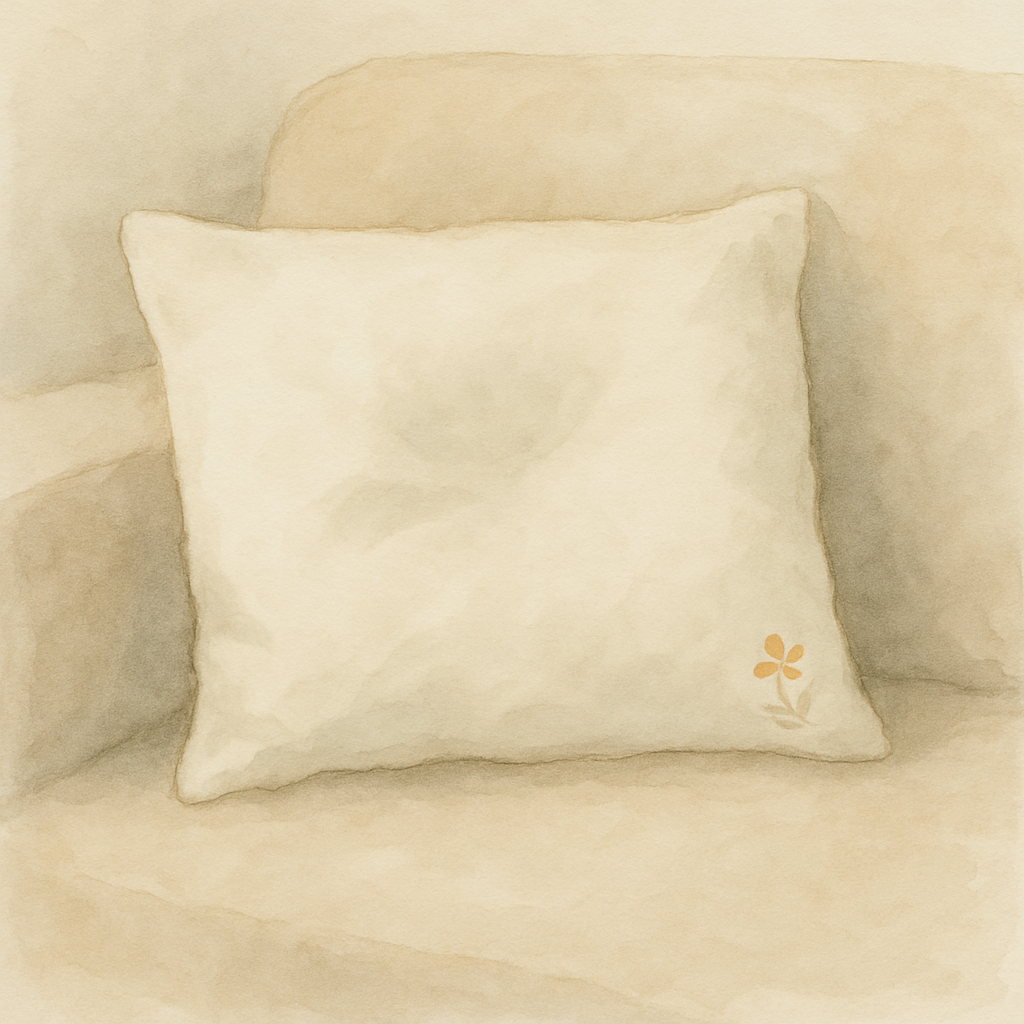 A single soft white pillow with a small embroidered flower in the corner, resting on a couch. A faint indent where a small head was just lying. Watercolor style, very simple, very gentle. No text in t