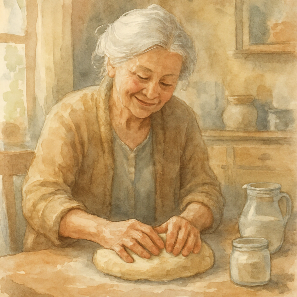 A grandmother with silver hair tucked into a loose bun, wearing a soft cardigan, kneading dough at a kitchen table. She is smiling gently, looking down at her hands. Watercolor style, warm and lived-i
