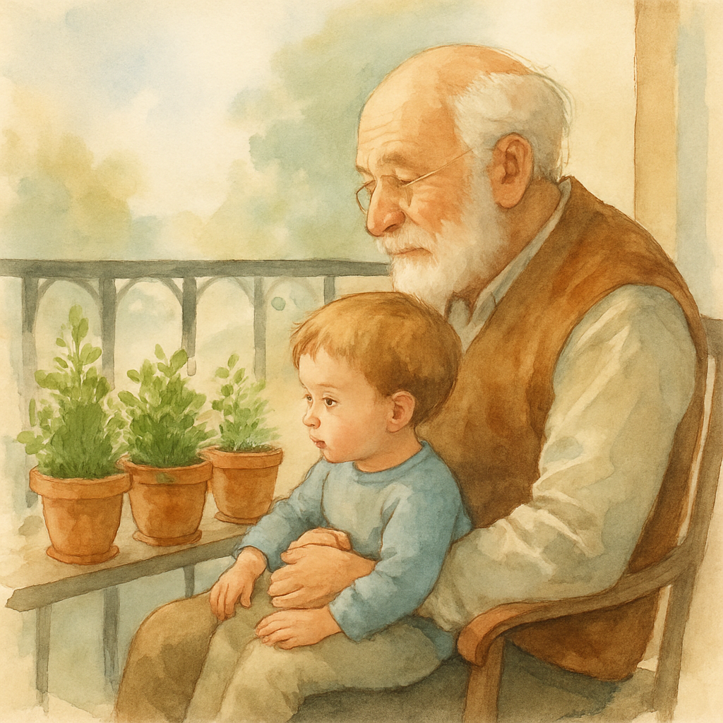 A grandfather with a short white beard and a soft brown vest, sitting in a chair on a balcony, holding a small child on his lap. They are looking out at potted herbs together. Watercolor style, tender