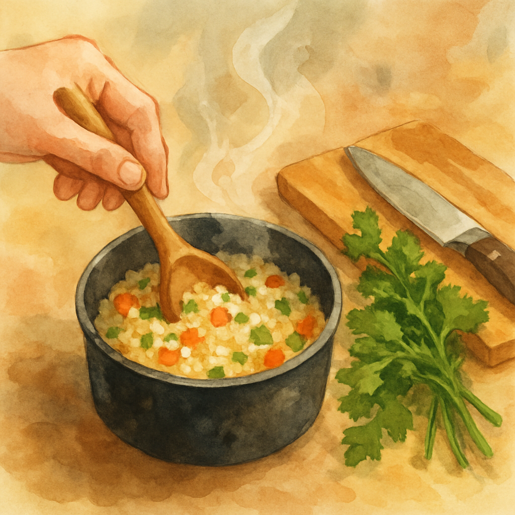 A close view of a hand stirring a wooden spoon in a small pot of rice and vegetables, gentle steam rising. A bunch of fresh parsley on the counter beside it, with a sharp knife and a wooden cutting bo
