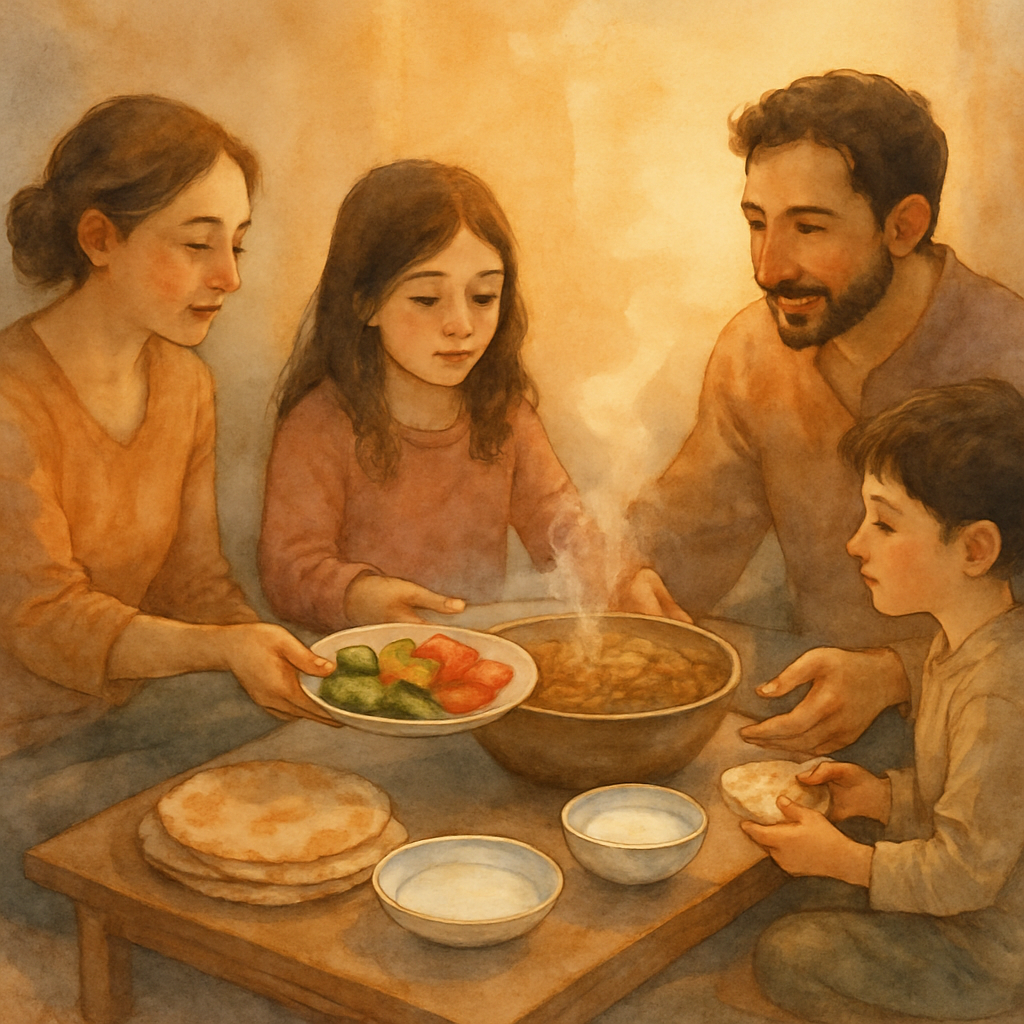 A small family sitting around a low dinner table — a steaming dish of mjadara in the center, a plate of sliced cucumbers and tomatoes, a small bowl of yogurt, soft flatbread. The light is golden-eveni