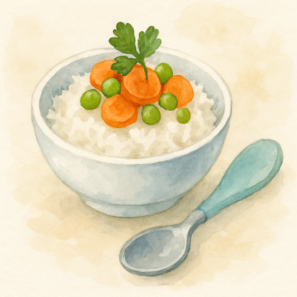 A small white bowl filled with fluffy white rice, topped with a few cooked carrots and peas, a single sprig of parsley on top. A child's spoon resting beside it. Watercolor style, simple and homey. No