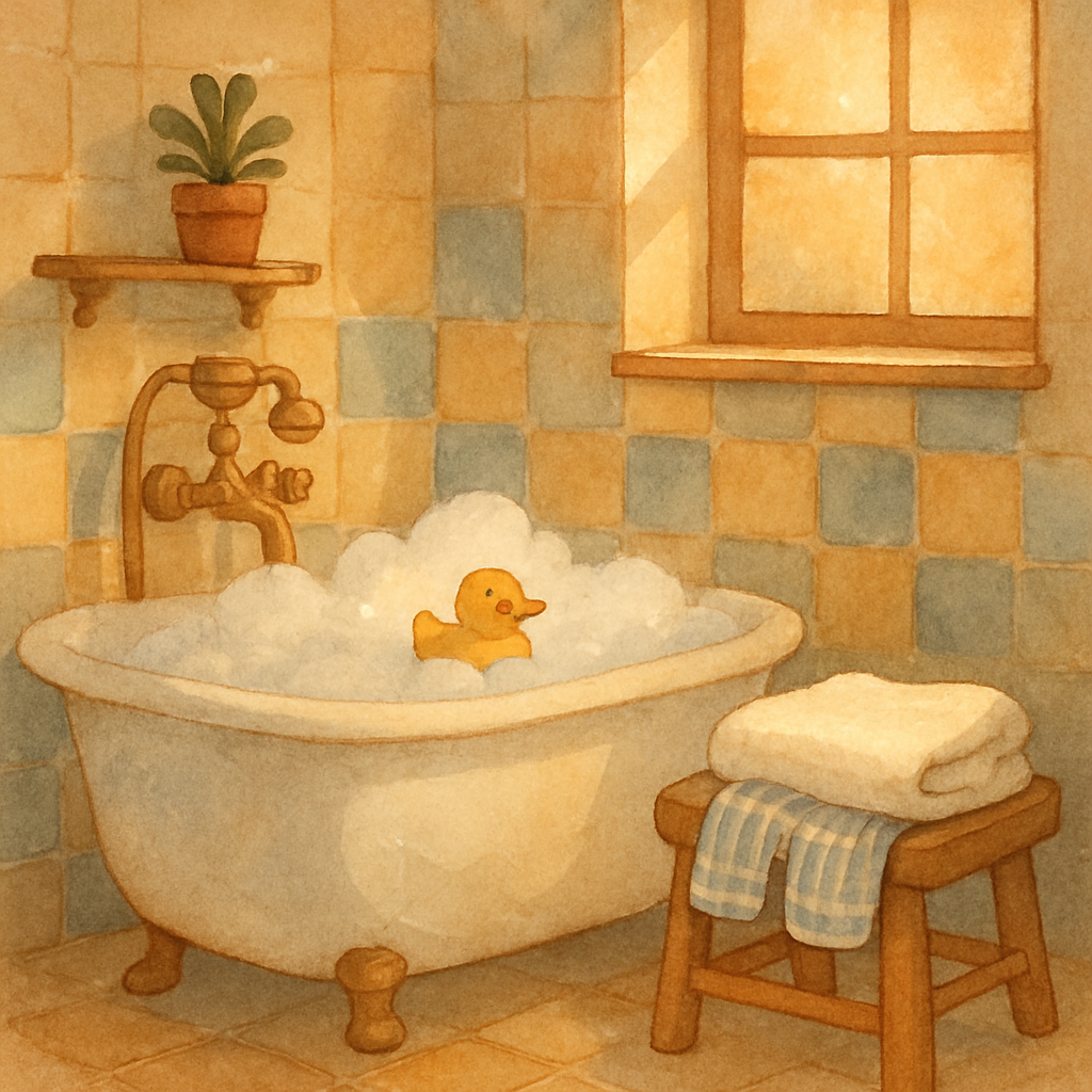 A small child in a warm bath, only the shoulders and head visible above bubbles. A tiny yellow rubber duck floating beside. A folded towel on a stool nearby. Soft yellow bathroom tiles. Watercolor sty
