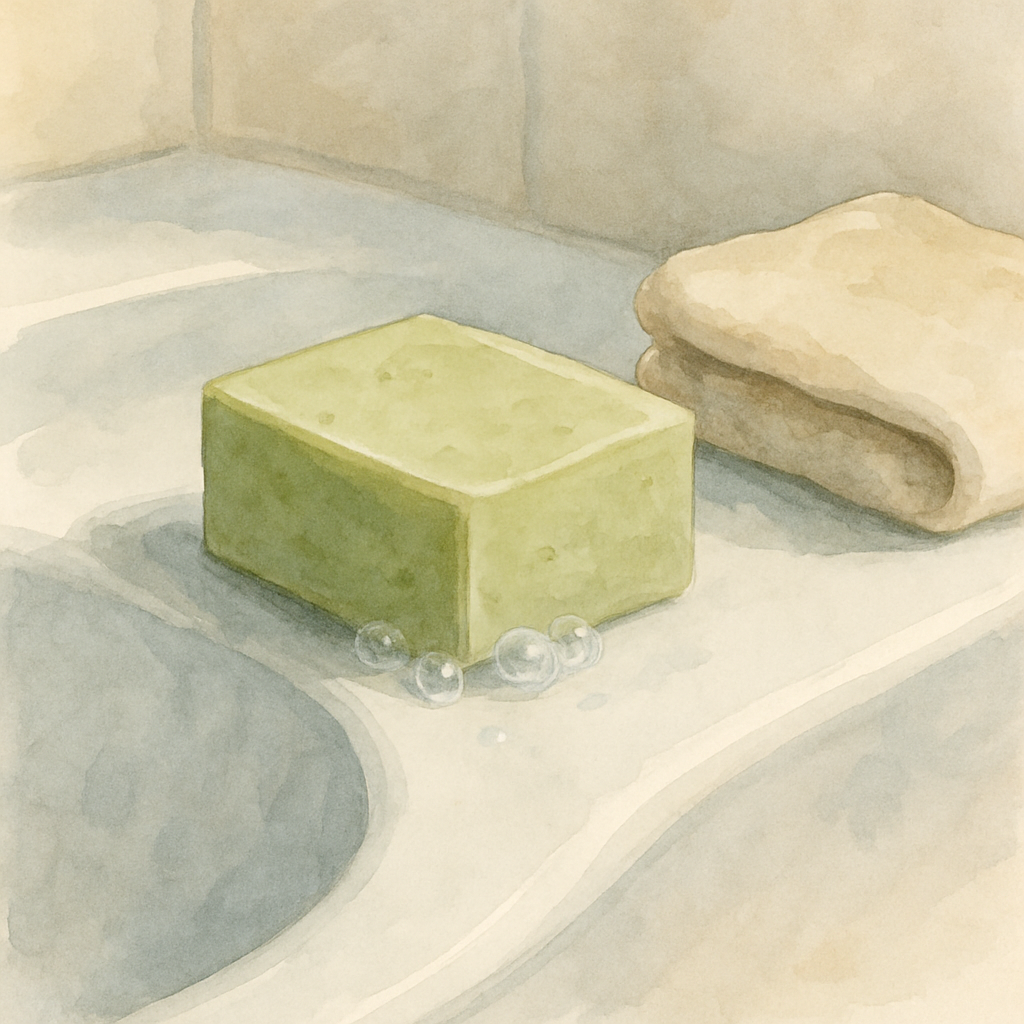 A small block of traditional olive oil soap, pale green, resting on the edge of a sink. A few tiny bubbles around it. A soft cloth folded beside. Watercolor style, simple and clean. No text in the ima