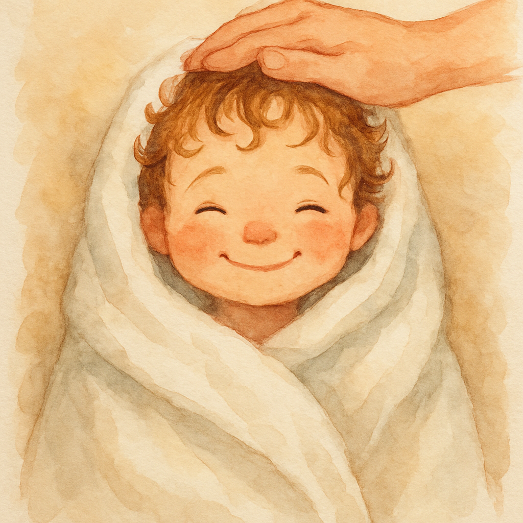 A small child wrapped up in a big soft white towel, only a smiling face and damp curls peeking out. A parent's hand gently patting the head dry. Watercolor style, warm and snuggly. No text in the imag
