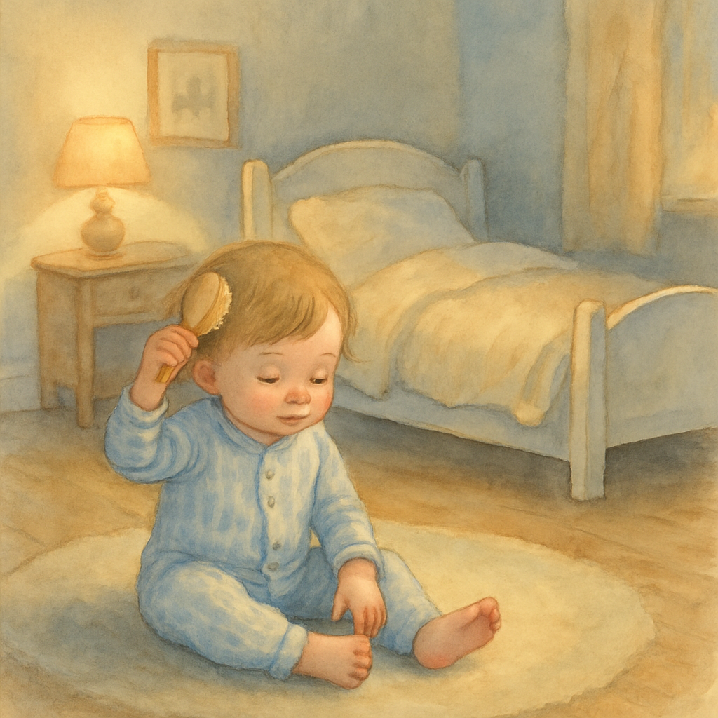 A small child in soft blue-striped pajamas, sitting on a rug brushing their hair with a tiny brush. A bedroom with a small bed already turned down for sleep. Watercolor style, gentle evening light. No