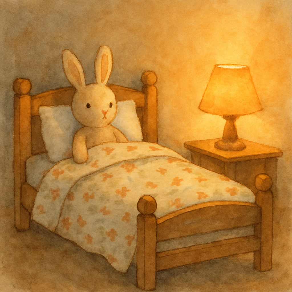 A small wooden bed with a soft quilt patterned with tiny flowers. A stuffed rabbit waiting on the pillow. A bedside lamp glowing softly. Watercolor style, the warmest light in the book so far. No text