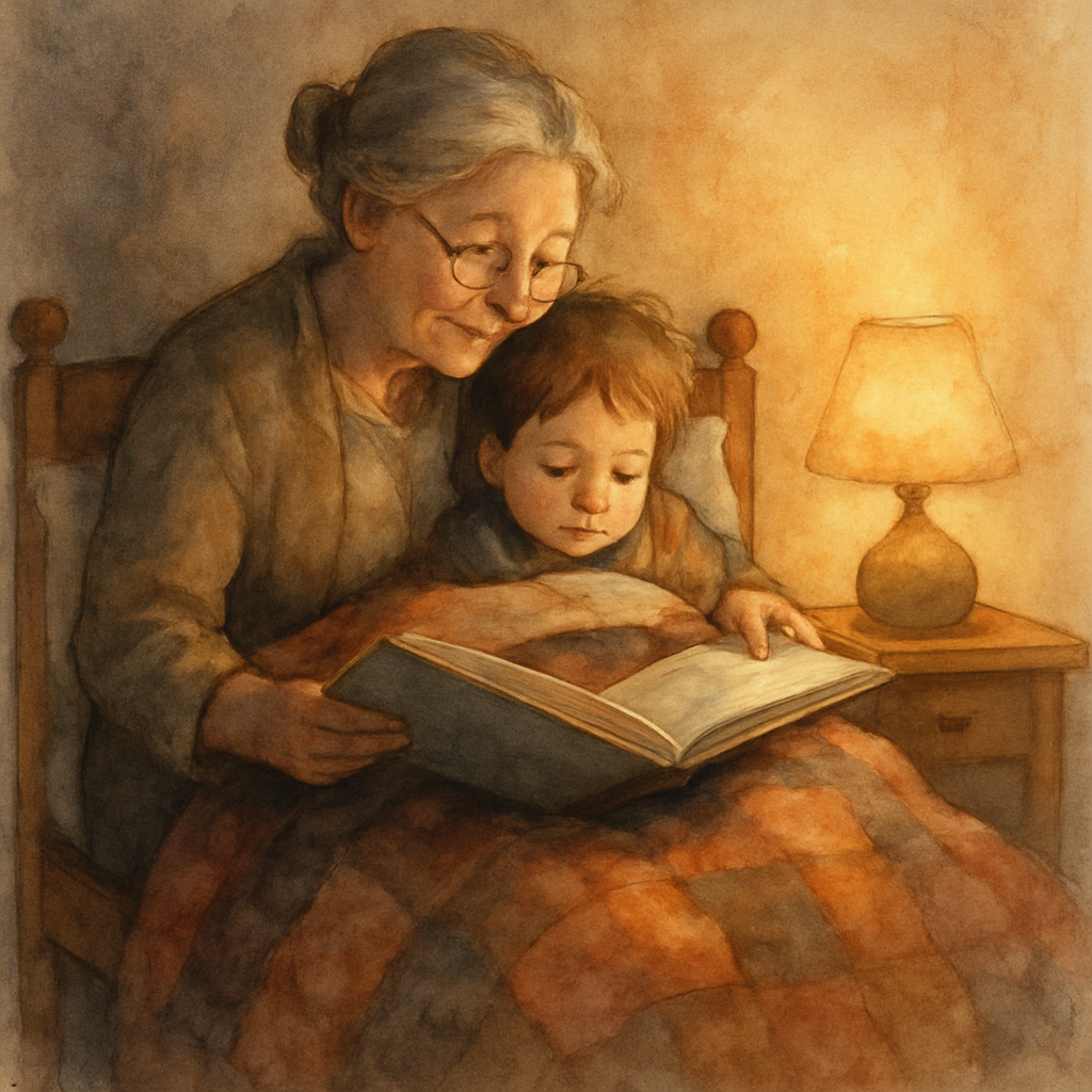 A grandmother sitting on the edge of a small bed, holding an open picture book, her child grandchild snuggled against her side under the quilt. Both are looking at the book. A small lamp on the bedsid