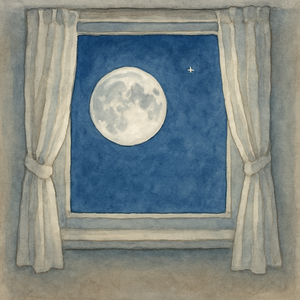 A round silver moon framed in a small bedroom window, deep blue sky around it. One little star nearby. A pair of light curtains drawn back. Watercolor style, calm and dreamy. No text in the image.