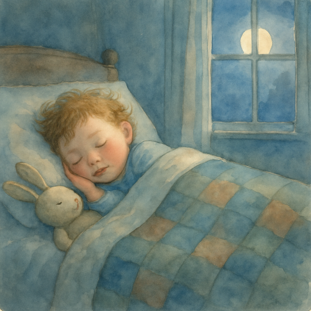 A small child fast asleep in bed, one hand curled under the cheek, the quilt pulled up snug. The stuffed rabbit asleep beside. Moonlight spilling softly through the window. Watercolor style, the quiet