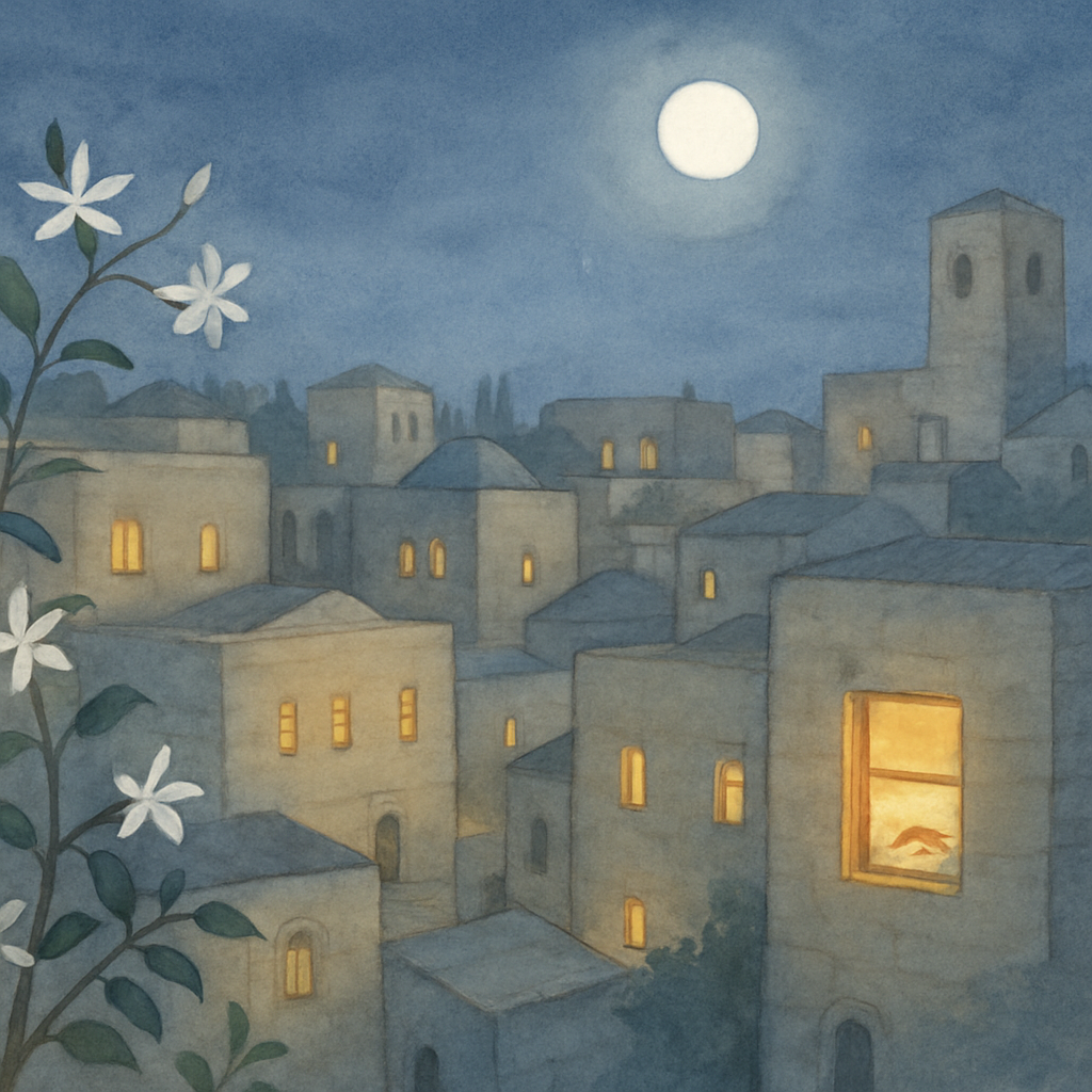 A wide soft view of a small Levantine town at night — pale stone houses with warm yellow windows, one window glowing where a child sleeps. The moon hangs gently above. A jasmine vine in the foreground