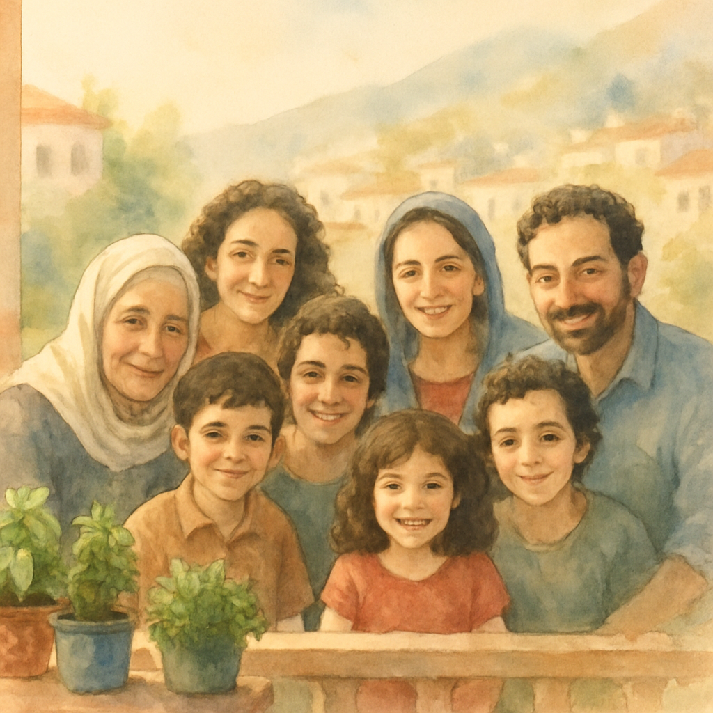 A soft watercolor group portrait of a Levantine family gathered on a sunlit balcony — a grandmother, grandfather, mother, father, two children, an aunt, an uncle, and two cousins. They are leaning clo