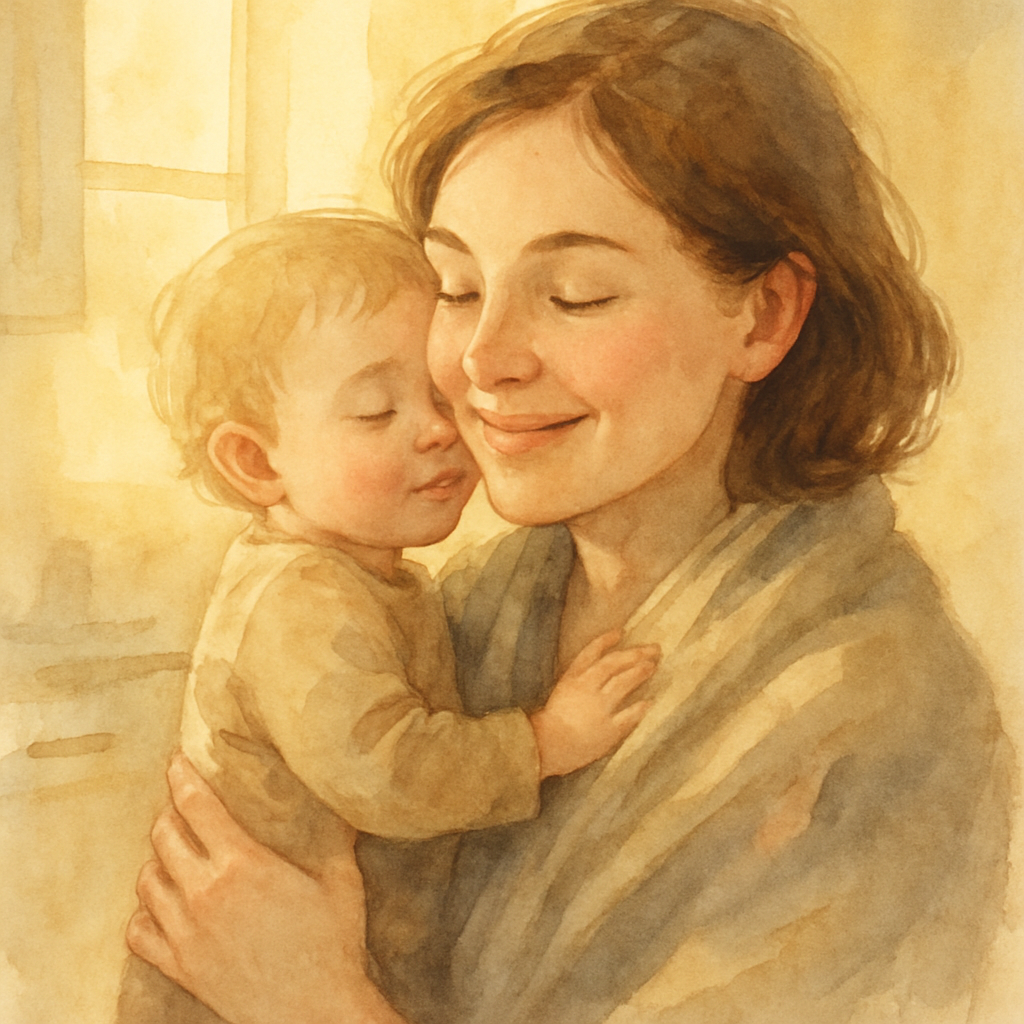 A gentle portrait of a mother in her thirties with a soft scarf around her shoulders, holding a small child close to her cheek. Her eyes are half-closed, smiling. Warm light pours over them from a kit