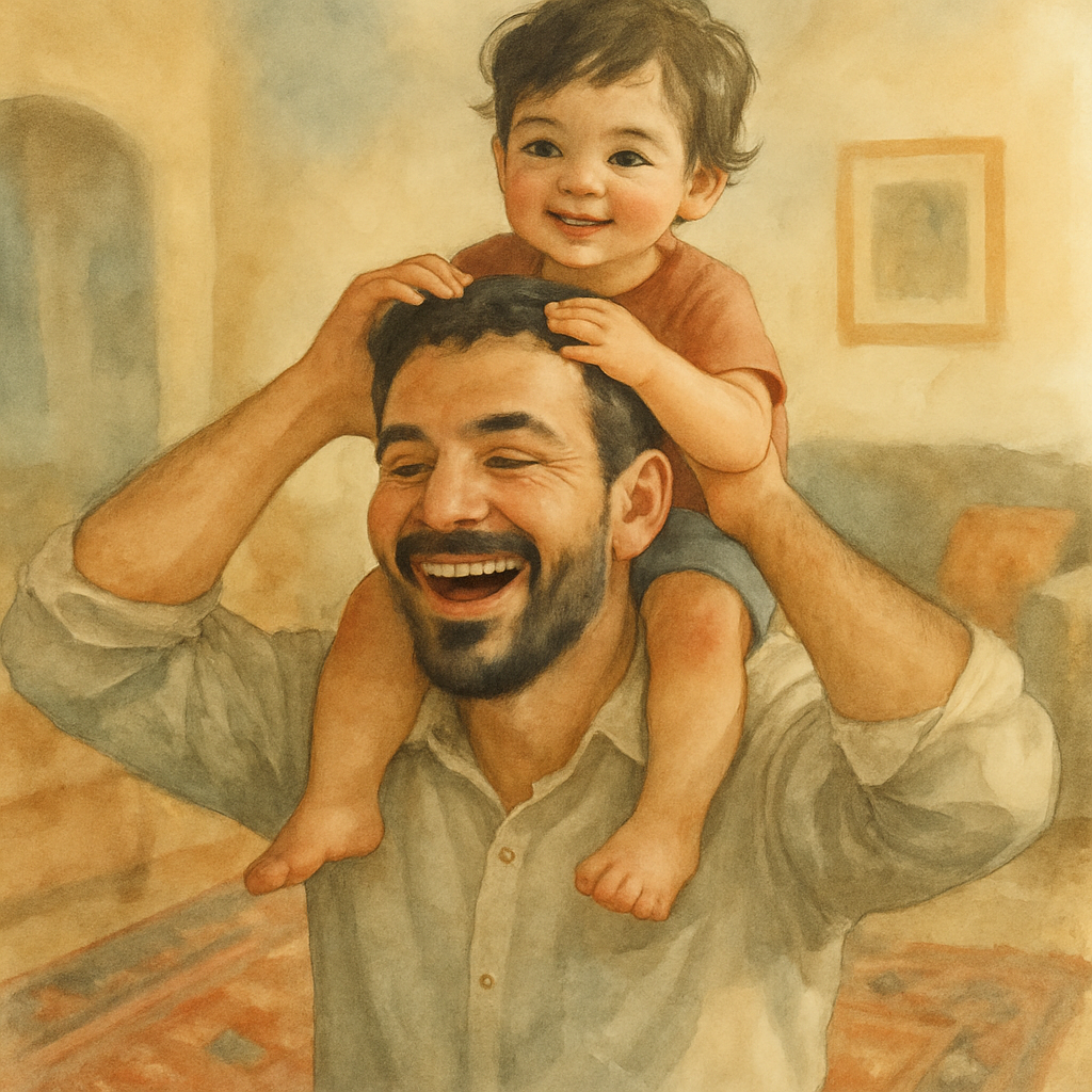 A father in a simple button-down shirt with rolled-up sleeves, lifting a small child up onto his shoulders. He is mid-laugh, beard short and dark, kind eyes. The child's small hands rest on his head. 