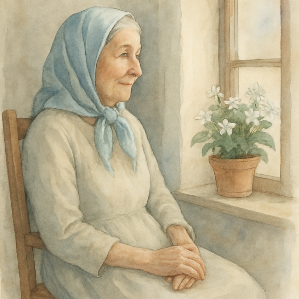 A grandmother in a long simple dress with a pale blue headscarf loosely draped, sitting in a wooden chair. Her hands are folded gently in her lap, fingers a little wrinkled. She is looking out a windo