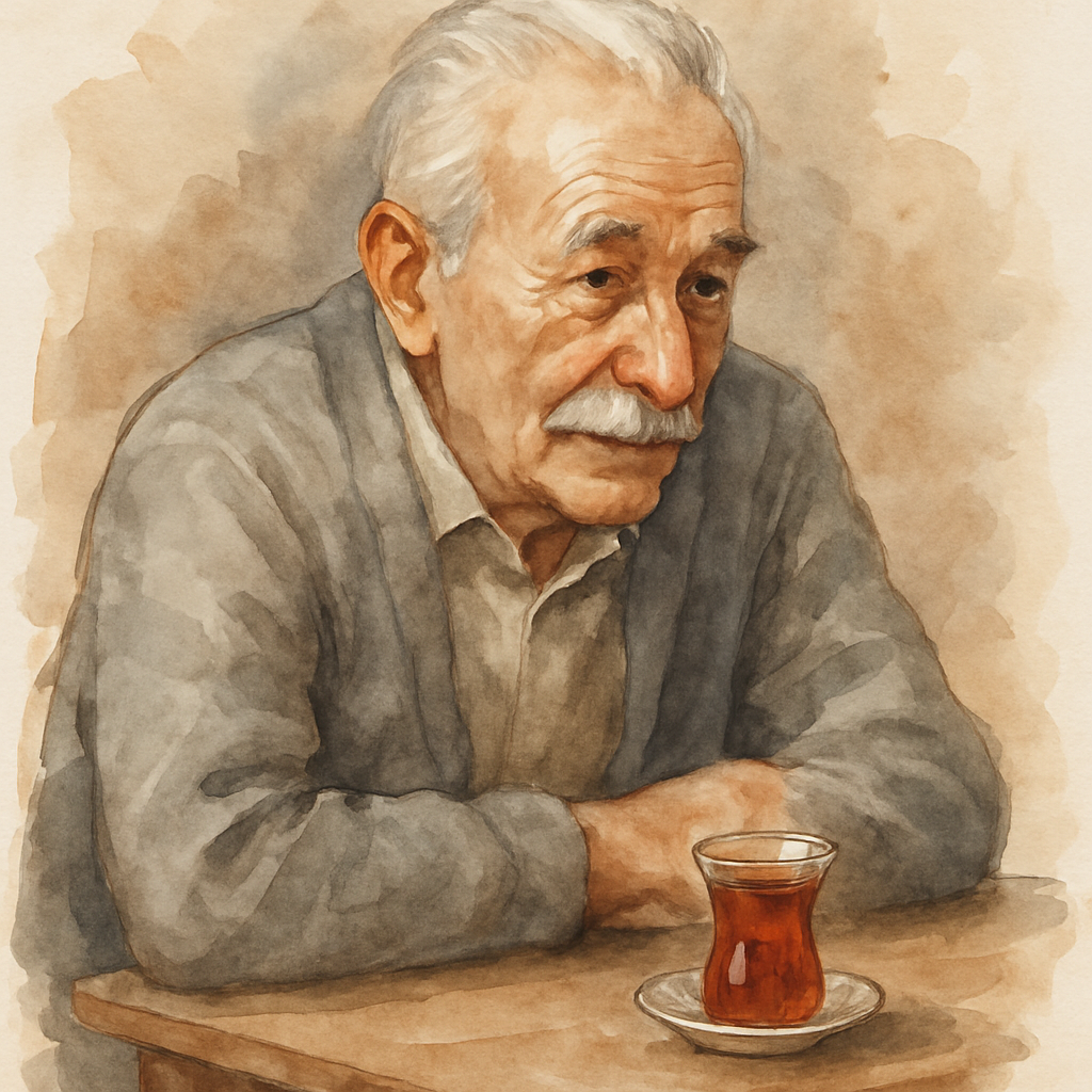A grandfather with silver hair and a neat white moustache, wearing a soft grey cardigan. He is sitting at a small wooden table with a tiny glass of tea in front of him, leaning forward as if listening