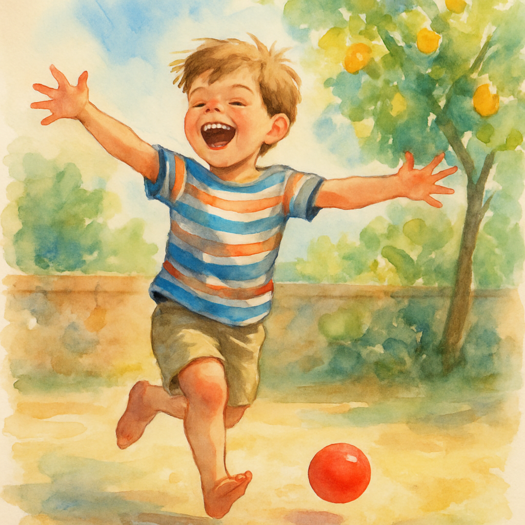 A boy about six years old in a striped t-shirt, mid-jump, arms wide, laughing with his mouth open. A small red ball is bouncing near his feet. Background: a courtyard with a low stone wall and a lemon