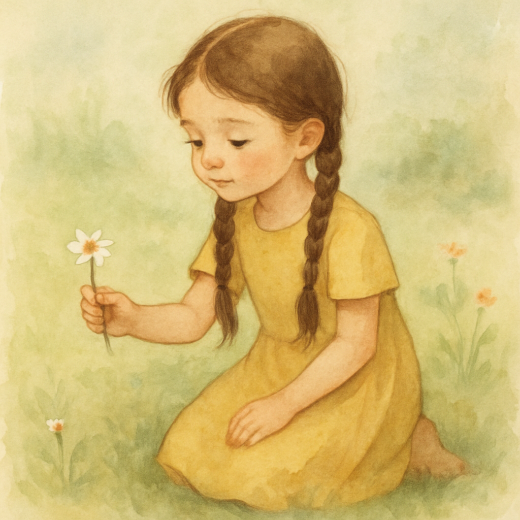 A girl about seven years old with two long braids, kneeling down to hand a small flower to someone just out of frame. Her face is gentle, focused. She is wearing a simple yellow dress. Background: sof