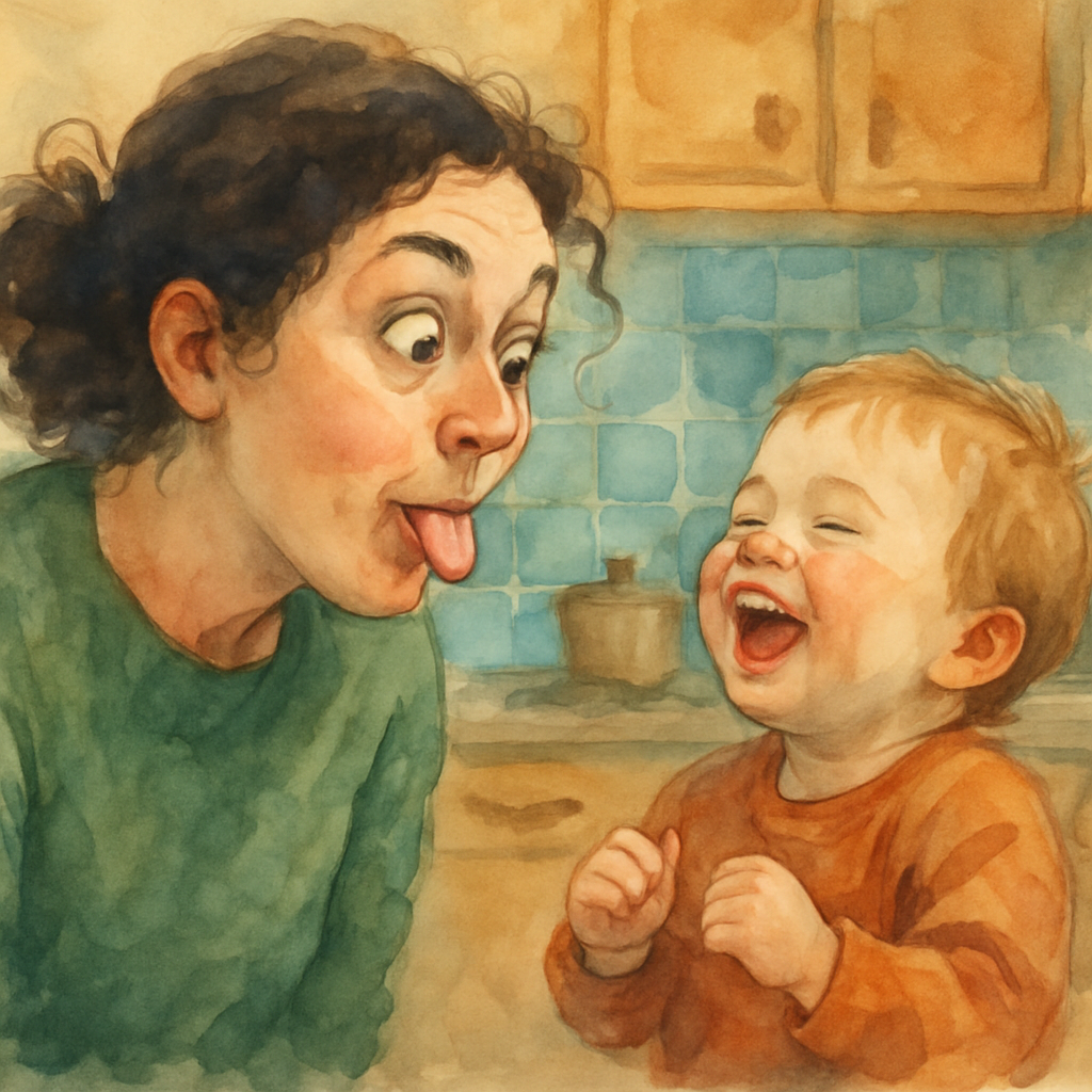 A young woman in her late twenties with curly dark hair tied loosely back, making a silly face — eyes wide, tongue out a little — toward a small child who is laughing. She is wearing a green sweater. 