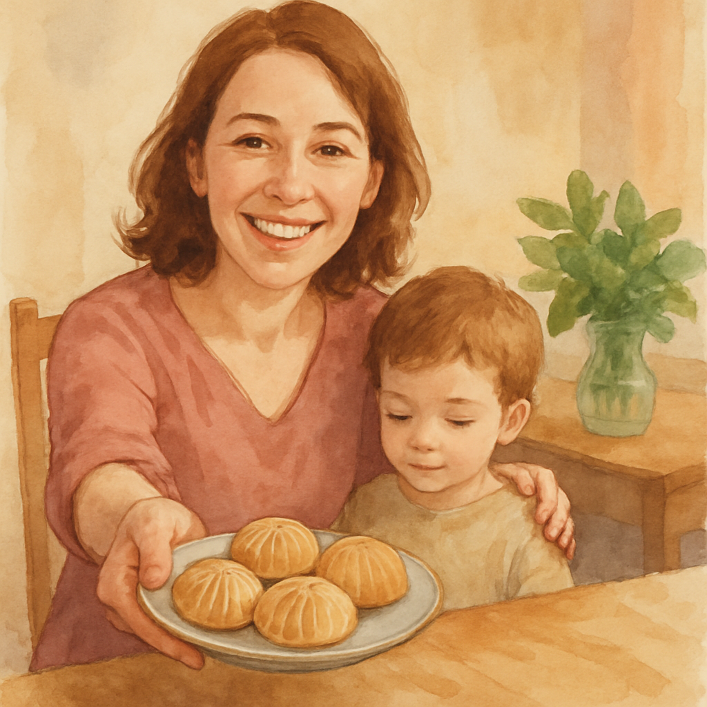 A woman in her thirties holding out a small plate of date cookies (ma'amoul) toward the viewer, smiling. She is wearing a soft rose-colored blouse. Her other hand rests on the shoulder of a small chil