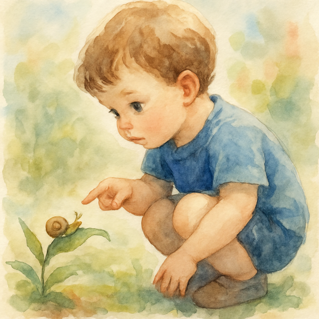 A boy about five years old crouched down, looking closely at a tiny snail on a leaf. His eyes are wide with interest, his small finger pointing but not touching. He is wearing a blue shirt and shorts.