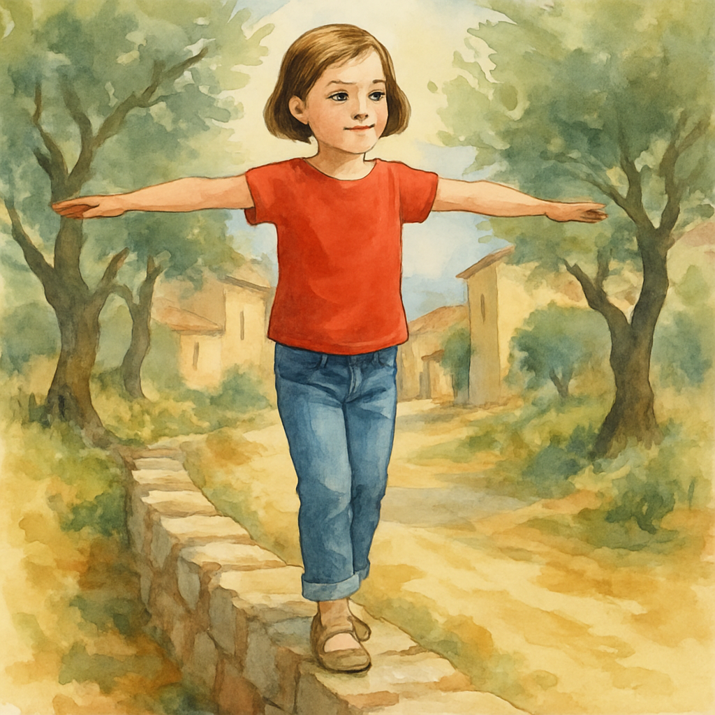 A girl about six years old standing tall on a low stone wall, arms out for balance, looking ahead with a determined little smile. She is wearing a red shirt and jeans, hair short and tucked behind her