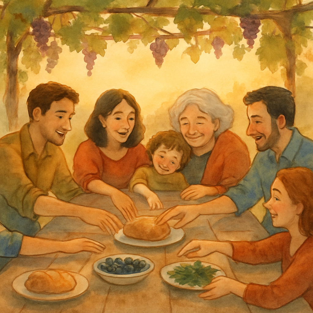 The same family from the cover, now gathered around a long table outdoors under a grapevine trellis. Plates of bread, olives, and fresh herbs. Everyone is reaching for something, talking, smiling. The