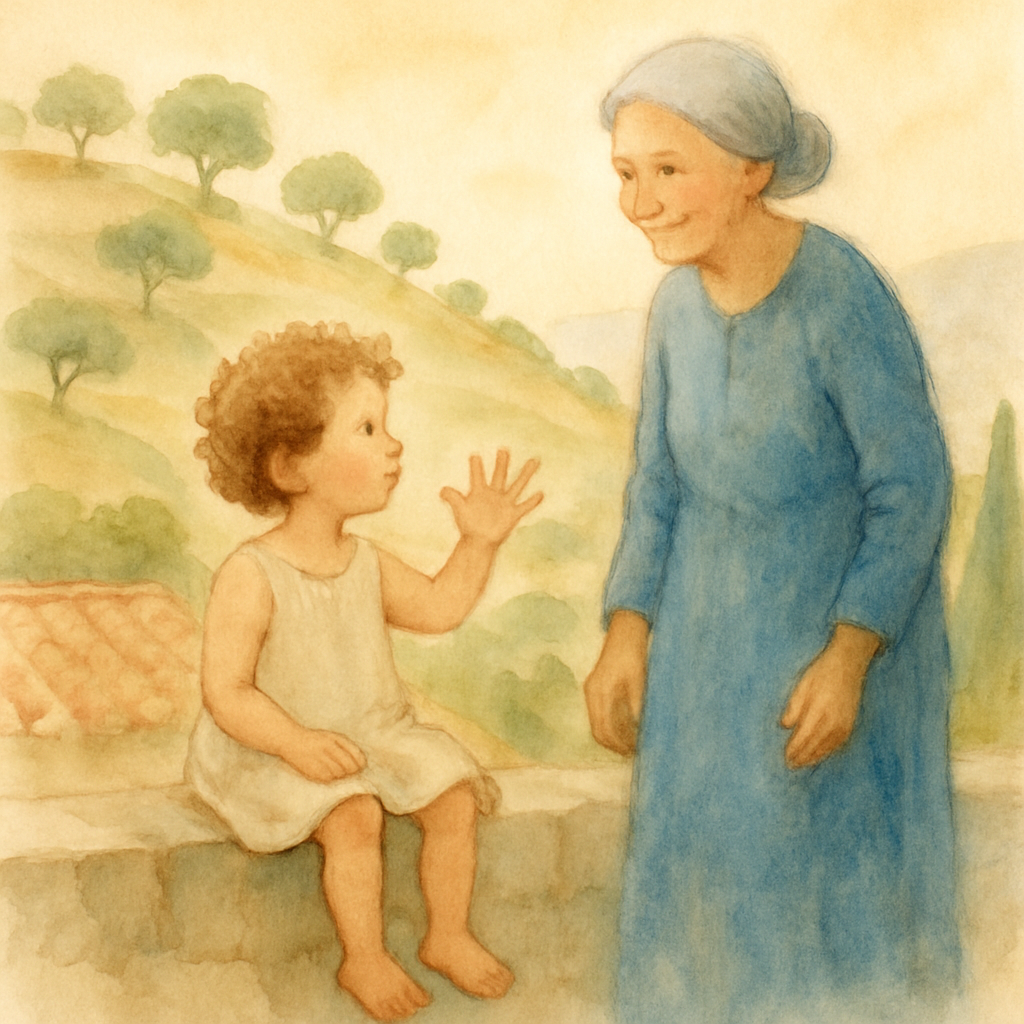 A soft watercolor illustration of a small barefoot child, around 4 years old, with curly hair and a simple cotton dress, sitting on a low stone wall in a Levantine mountain village. The child is holdi