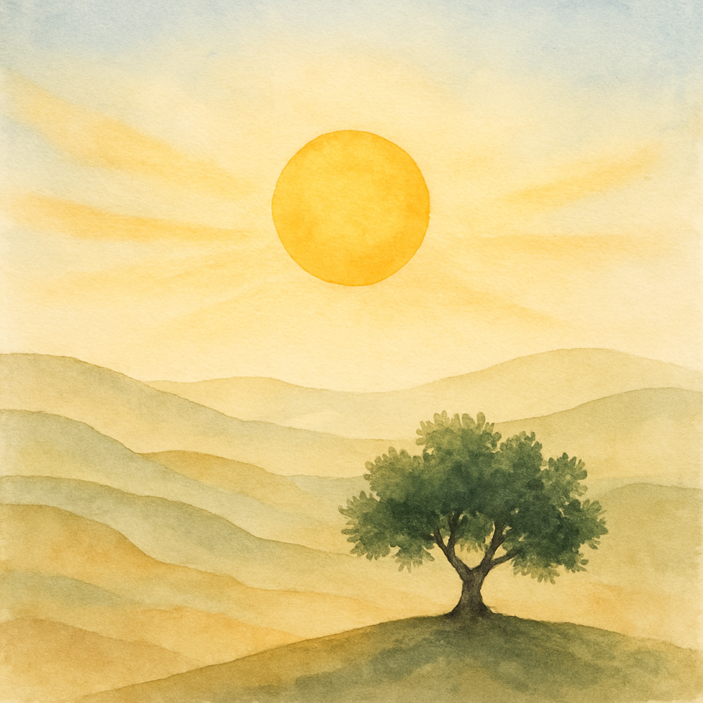 One round, warm sun rising over Levantine hills. Soft yellow and pale orange rays spread gently across a pale blue sky. Below, the silhouette of one olive tree on a low hill. The sun is centered and c
