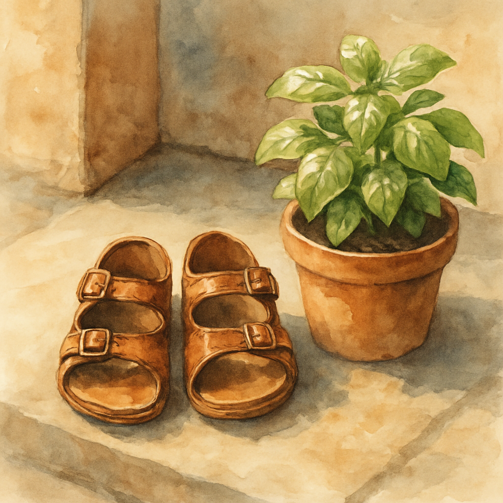 Two small leather sandals placed neatly side by side on a stone doorstep. The leather is worn and soft, well-loved. Beside them, a small pot of basil. Morning light falls across the stone. Watercolor 