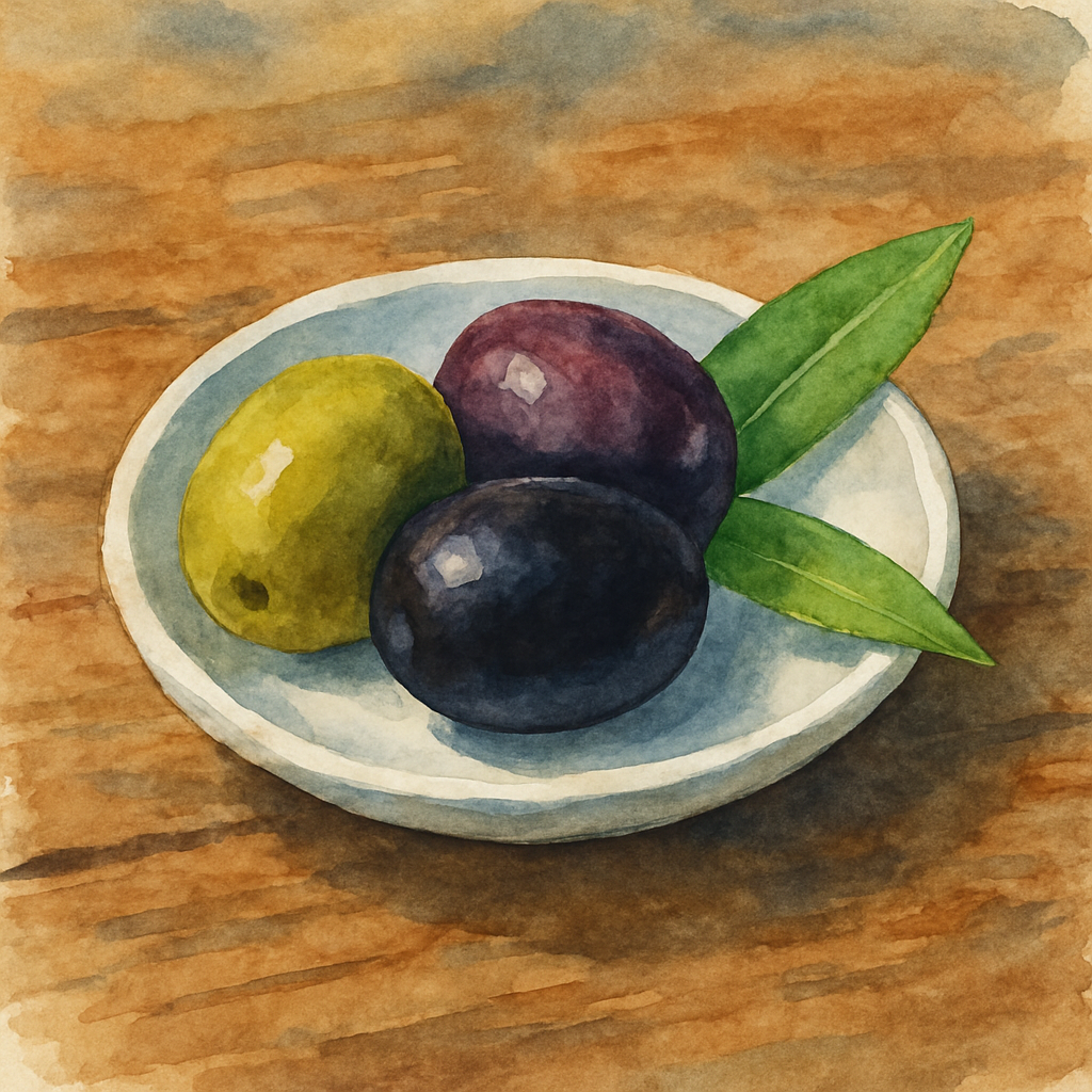 Three plump olives — one green, one purple, one black — resting on a small white ceramic dish. A single olive leaf beside them. The wooden table beneath is bare and old. Watercolor style, rich earthy 